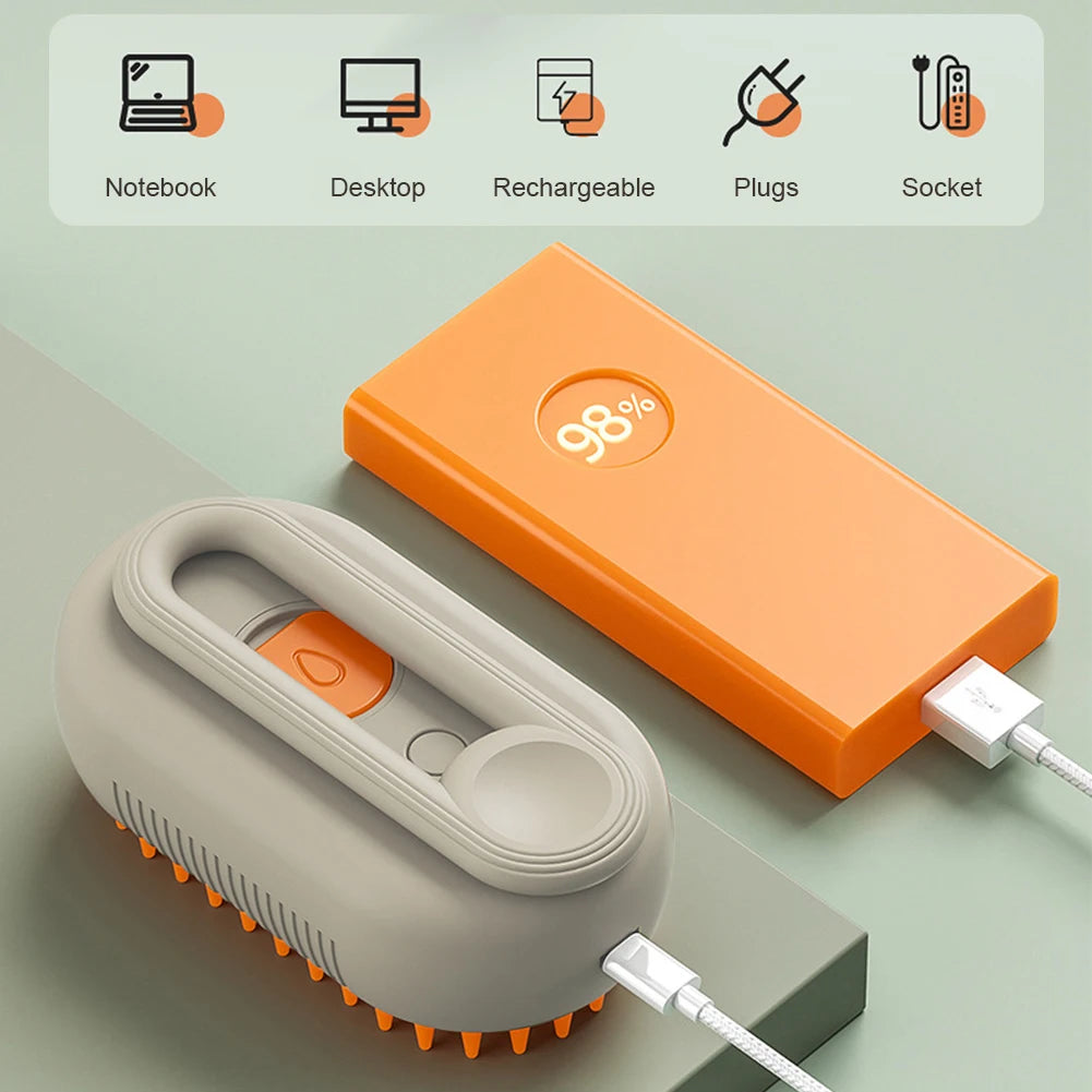 Brosse à vapeur 3-en-1 rechargeable USB pour chat et chien, démêlage et massage"