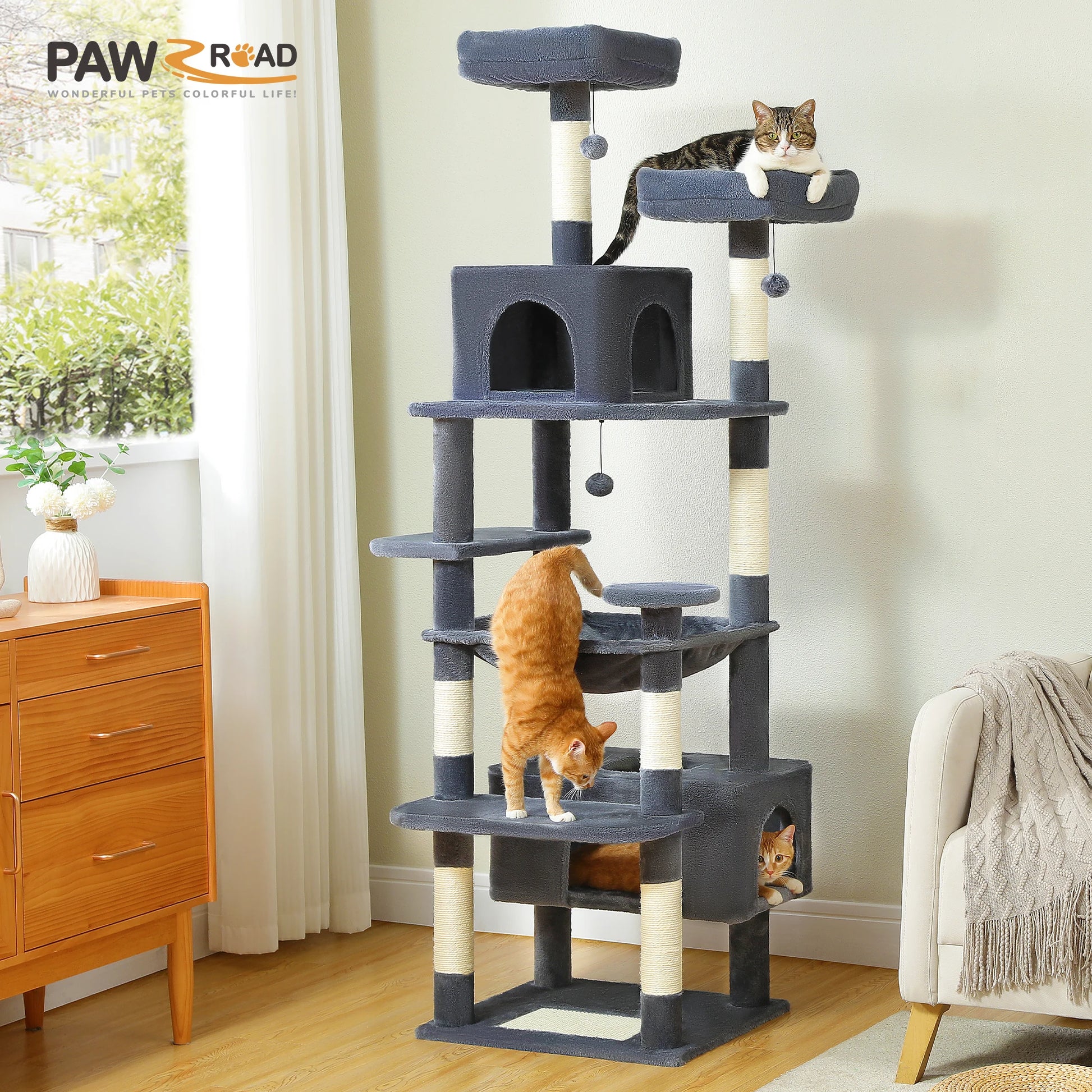 Grand arbre à chat d’intérieur multi-niveaux avec hamac spacieux et griffoirs en sisal