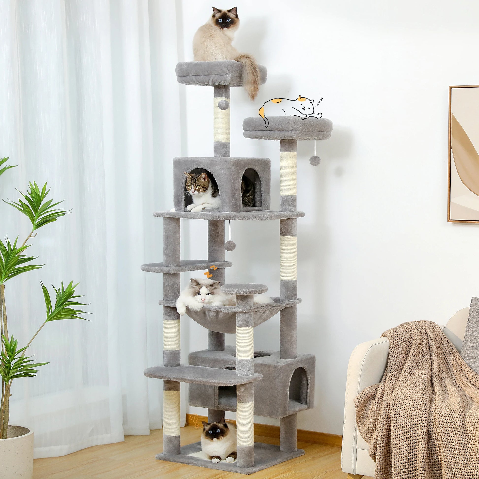 Grand arbre à chat d’intérieur multi-niveaux avec hamac spacieux et griffoirs en sisal
