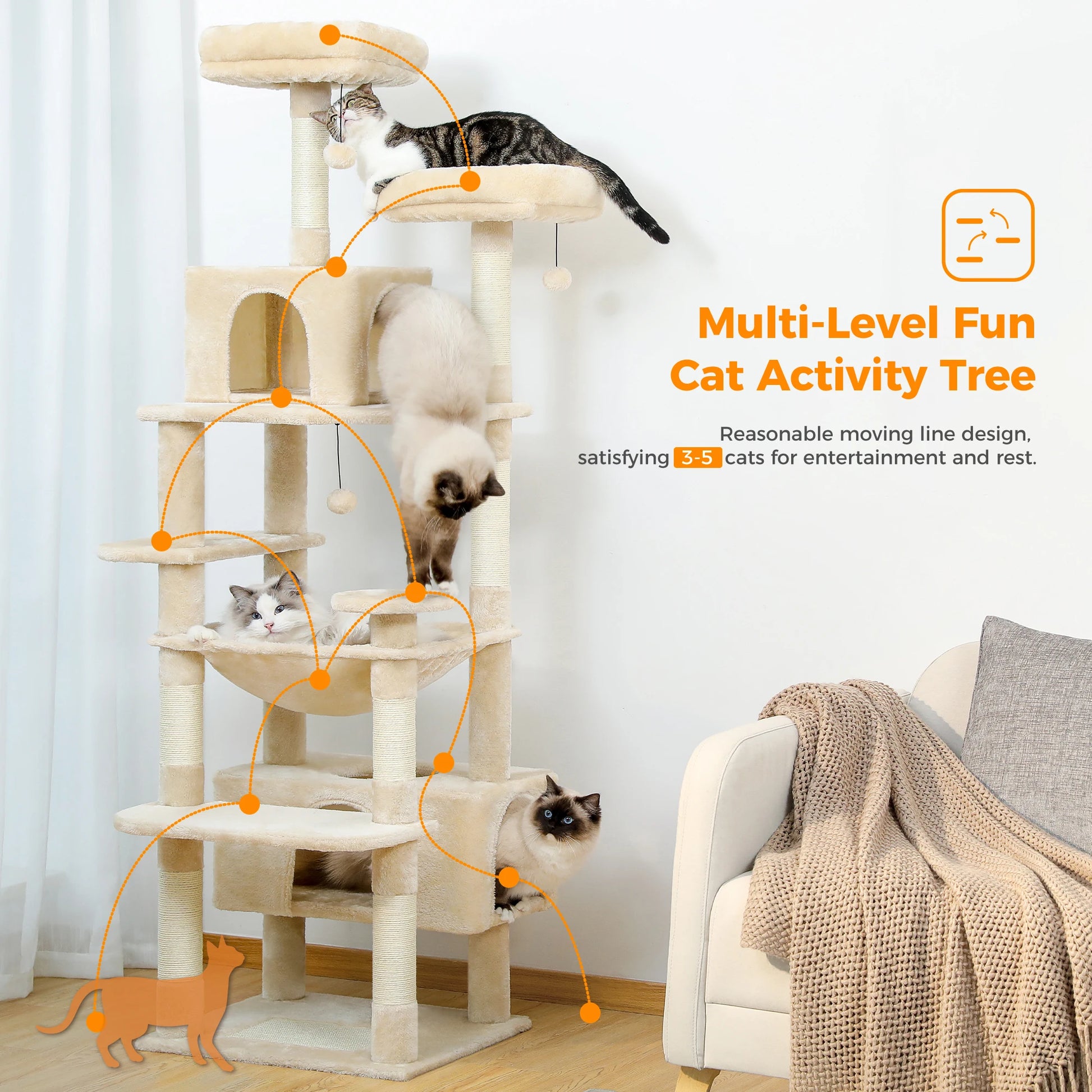 Grand arbre à chat d’intérieur multi-niveaux avec hamac spacieux et griffoirs en sisal