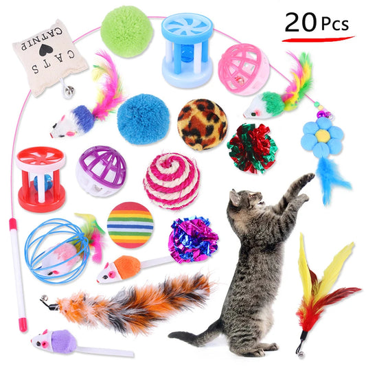Kit 20 jouets pour chaton et chat avec souris, balles, clochettes et cannes à pêche