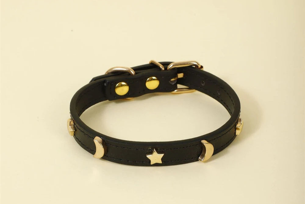collier en cuir pour chat réglable décor étoiles et lune – Nos Poilus